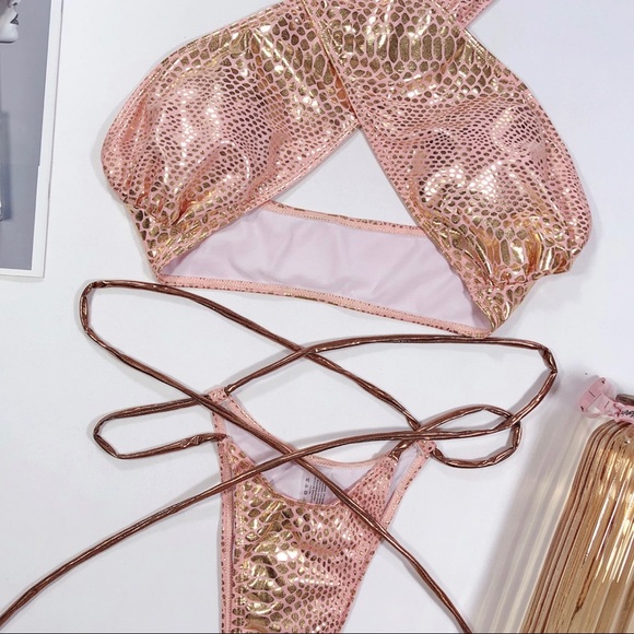 Snake print halter crisscross bikini set gold/pink - Picture 3 of 7